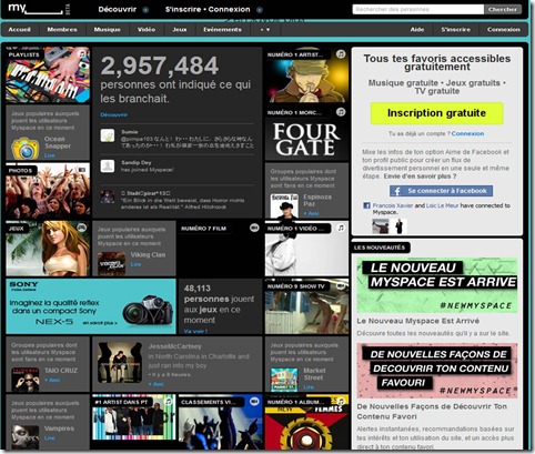 MySpace new home page in French
